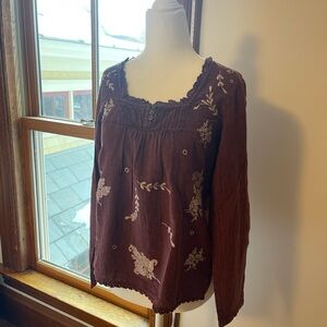 April Cornell Burgundy Blouse with Floral Embroidery